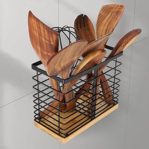 Soporte de utensilios para mostrador de cocina, organizador de soporte de utensilios de cocina con base de madera negro mate (2 compartimentos) - Product Image 4