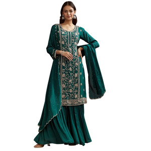 Commercio all'ingrosso verde acqua con paillettes Kurta Sharara con Dupatta per la festa nuziale indossare ricevimento festivo e ordini etnici personalizzati - Product Image 3