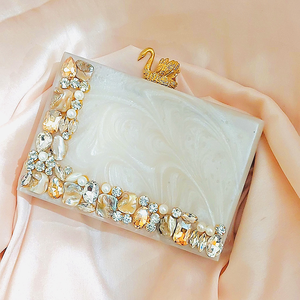 Custom Resin Bohemian <b>Clutch</b> <b>Bag</b> for Women Luxury Wedding Evening Party Wear with <b>Pearl</b> and Zipper Closure Adjustable Strap - Product Image 1