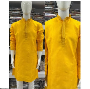 Haldi Spécial Jacquard Soie Avec Broderie Patti Kurta Jaune pour Homme pour Mariage Vêtements Ethniques en Vrac Quantité d'Inde - Product Image 1