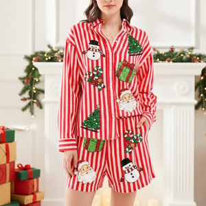 Conjunto de Dos Piezas para Mujer, Camisa de Verano 2026, Nueva Colección, Estilo Patchwork, 100% Algodón, Temporada de Cangrejos de Río, Bordado con Lentejuelas, Casual, Personalizable - Product Image 3