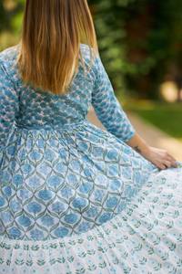 Amaya Hand Block Printed Cotton <b>Dress</b> <b>Boho</b> Floral <b>White</b> Blue Ethical Fashion - Product Image 2