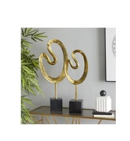 Sculpture abstraite en marbre doré avec base noire, lot de 2