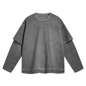 เสื้อยืดแขนยาวแบบวินเทจสำหรับผู้ชายเสื้อยืดผ้าฝ้ายฟอกสีพิมพ์ลายโอเวอร์ไซส์โชว์ไหล่ - Product Image 6