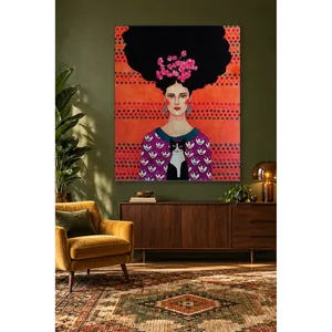 Fida Woman avec illustration d'un chat noir et blanc sur fond orange, impression sur toile - Product Image 2