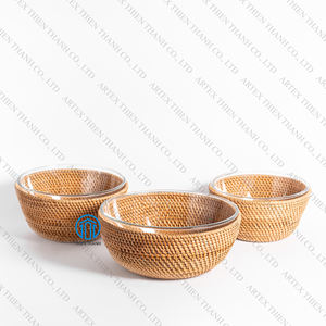 Novedad, Ensaladeras de Ratán, Ensaladera de Vidrio con Soporte de Ratán Tejido, Elegante Bandeja de Ratán con Ensaladera de Vidrio en el Interior - Product Image 4