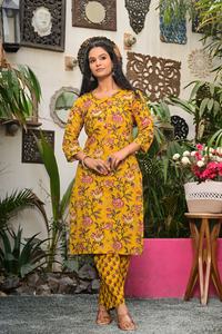 Salwar Kameez en coton imprimé floral jaune moutarde pour femmes, manches 3/4, vintage, été, fête, décontracté, vêtements ethniques - Product Image 6