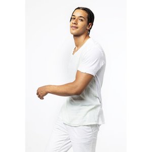 Camiseta de Cuello Redondo Clásica para Hombre, de Lino Verde Fluorescente Sólido, Corte Ajustado, Informal, con Base Blanca - Product Image 3