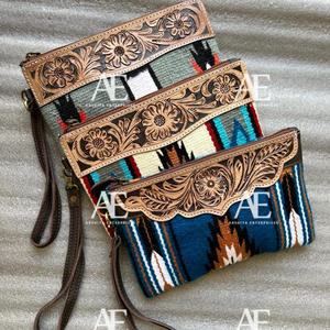 New Stylish Western Aztec Tooled Leather Wristlet Clutch Vintage Brown Tooling Purses <b>Unique</b> Aztec Quilted Leather Wristlet <b>Bag</b> - Product Image 1