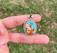 Pendentif ovale en turquoise naturelle Kingman, argent sterling 925, fait main, style bohème, plaqué rhodium, bijou unisexe, cadeau