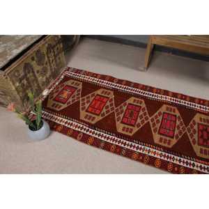 Turkish Herki Runner Rug 2.8x11.2 ft (86x342 Cm) Eco Friendly Vintage <b>Brown</b> Patchwork <b>Wool</b> Rug with Latex Backing - Product Image 5