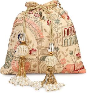 Bolso de Mano Étnico con Cordón, Bolso Tipo Potli Bordado para Mujer, Bolso de Mano con Decoración Personalizada, Elegante para Bodas y Novias - Product Image 1