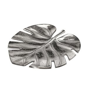 Sleek Silver Leaf Shaped Serving Tray With Textured Surface and Artistic Design Perfect for Displaying Snacks and Decor Items - Product Image 1
