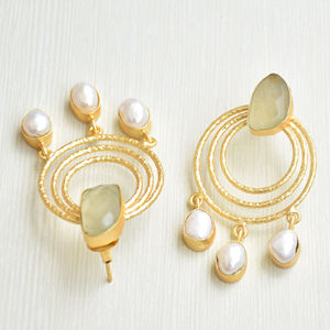 Brass Pearl <b>Stud</b> <b>Earring</b> with Prehnite Wholesale Handmade Natural Stone Rhodium Plated Fashion Forward Style Bulk Export Quality - Product Image 3