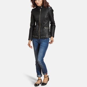 Chaqueta de cuero de diseño de motorista para mujer ajustada a la moda, chaqueta de cuero transpirable y tejida de nueva piel suave y genuina - Product Image 5