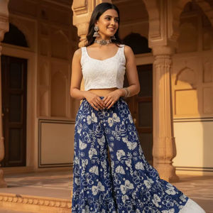 Robe d'été bohème indienne pour femme en coton, à imprimé floral numérique bleu, à jupes superposées et à jambe large, taille naturelle, lavable - Product Image 1