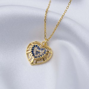 Collar con Colgante de Plata de Ley 925 con Diseño Griego de Ojo Turco Tallado en Corazón, Joyería Artesanal Turca al por Mayor - Product Image 2