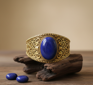 Bracelet en perles de style bohème pour homme en argent sterling 925 en or 14 carats Cabochon en lapis lazuli naturel fabriqué à la main Bracelet de haute qualité - Product Image 1