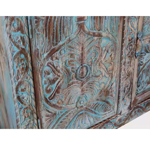 Aparador de madera maciza de estilo de mediados de siglo con armario de almacenamiento tallado artesanal para sala de estar o exhibición de buffet de cocina - Product Image 3
