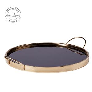 ถาดเสิร์ฟโลหะสุดหรูพร้อมเคลือบสีดำดีไซน์ทรงกลมหรูหราพร้อมที่จับสำหรับโต๊ะอาหารและของตกแต่งบ้าน - Product Image 1