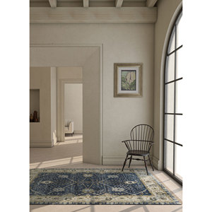 Alfombra de Lana Anudada a Mano Azul Savana PKWL-2105 para Uso Doméstico - Medallón Rectangular con Diseño de Patchwork para Sala de Estar, Pasillo y Entrada - Product Image 5