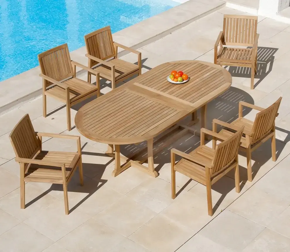 Solid Teak Wood Garden Dining Set Double Extension Good Quality Indonesian Teak Wood Outdoor Garden Set