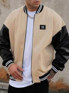 Beige Black College Baseball Chaqueta acolchada Unisex 100% Algodón Faux Leather Sleeves Rib Trim Zip Closure Front Winter Streetwear - Product Image 4