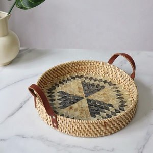 Ramadan Decoration Best Choice High Quality Luxury Mother of Pearl Inlay Tray with Rattan Leather <b>Handle</b> for Ramadan - Product Image 1