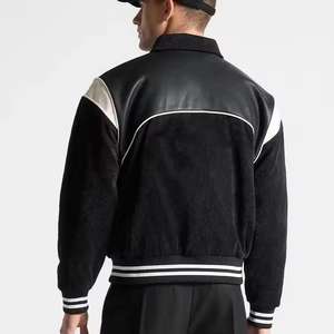 Blouson universitaire slim pour homme, style urbain, avec garniture en fourrure de mouton, manches en cuir, doublure polaire, en tissu tricoté écologique, modèle simple - Product Image 4