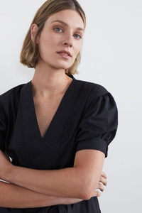 เดรสผ้าฝ้ายแขนพองทรงเอไลน์ ความยาวปานกลาง คอวี ชายระบาย พร้อมเข็มขัดผูกเข้าชุด ซิปซ่อน ลดราคาพิเศษ - Product Image 4