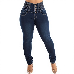 High <b>Waist</b> Dark Wash Denim <b>Jeans</b> With Button Fly And <b>Elastic</b> Panel For Men Casual Style Midweight Spandex Cotton Blend Autumn - Product Image 1