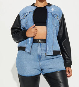 Vente en gros de vestes en jean pour femmes Nouvelle mode été Veste en jean courte lavée Manches en cuir Veste en jean personnalisée - Product Image 5