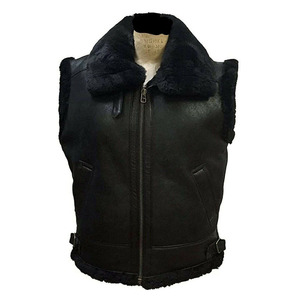 Mens Winter Flight Avi-Ator Fur Shearling Sheepskin <b>Black</b> Leather <b>Vest</b> - Casual Sleeveless Jackets Winter Waistcoat - Unisex - Product Image 1