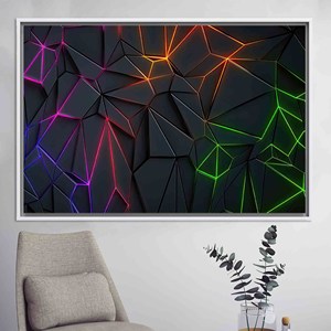 Impresión moderna de vidrio templado geométrico con efecto neón: elegante obra de arte en lienzo para pared, lienzo con marco blanco - Product Image 1
