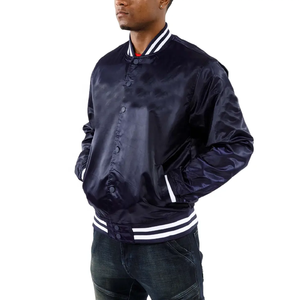 Blouson bombardier boutonné en satin de soie bleu pour hommes design personnalisé vestes à boutons-pression pour baseball avec bordure en côtes - Product Image 2