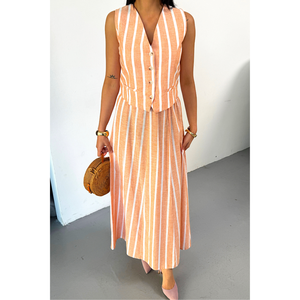 Ensemble veste et jupe longue en lin rayé pour femme en orange - Product Image 4