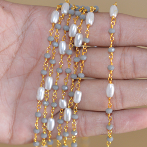 Cadena de Rosario con Cuentas Grises de 3mm y Perlas Blancas, Cadena de Alambre de Latón Chapado en Oro, por Metro, para Fabricación de Joyería DIY - Product Image 4