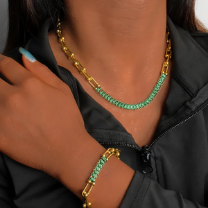 Venta al por mayor chapado en oro en forma de U conjunto de joyas con cadena de costura de circón que detalla joyería de acero inoxidable de alta calidad para las mujeres - Product Image 5