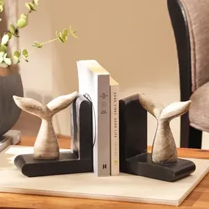 Handcrafted Whale Tail <b>Bookends</b> with Natural Stone Bases Sculptural Book Holder Pair for Home Office Hotel - Product Image 3