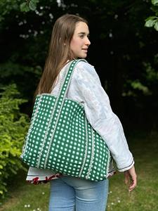 Coton matelassé imprimé à la main réversible grand sac fourre-tout écologique durable robuste épicerie Boho été vichy vert - Product Image 2