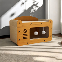 Mobilier pour chat : Niche-griffoir en panneau de densité, maison creuse avec découpe visage de chat, jouet interactif à balle, résistant à l'usure