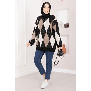 Pull en tricot surdimensionné à motif Baklava décontracté d'automne en noir - Product Image 3