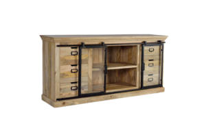 Buffet de style industriel nordique en bois de manguier massif avec portes coulissantes, meuble contemporain pour salon - Product Image 3