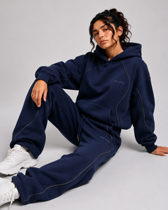 ONE APEX Navy Curved Seam <b>Hoodie</b> Tracksuit Women's Regular French Terry Cotton Wide Leg Sweat Set Quick Dry Fleece High Street - Product Image 2