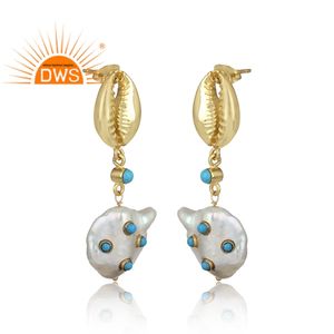 Último diseño hecho a mano 18K chapado en oro perla de agua dulce y turquesa piedra preciosa colgante pendiente Demi joyería fina fabricante - Product Image 2