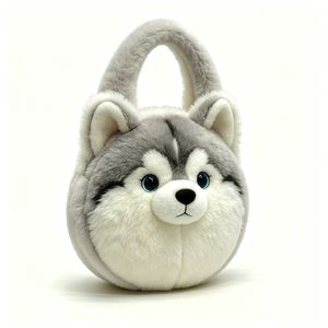 Customized Cartoon husky plush ball-shaped bag,<b>Cute</b> husky plush <b>purse</b> with rope strap,Round gray husky plush handbag - Product Image 4
