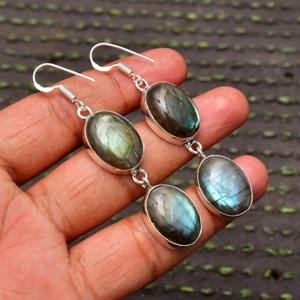 925 Sterling <b>Silver</b> Plated Bohemian Style <b>Earrings</b> Fashionable Blue Labradorite Gemstone Natural Stone Bezel Anniversary Supply - Product Image 2