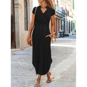 Robe en viscose à manches courtes et col mandarin pour femme, 35422 - Noir - Product Image 2