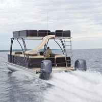 Bateau ponton à double pont à vendre, idéal pour la pêche en famille, le divertissement, avec sièges, mobilier, bimini et moteur hors-bord, parfait pour les excursions sur le lac.
