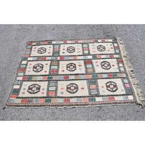 พรมสีเบจสไตล์ตุรกีวินเทจขนาด3.8x5.2ฟุตผ้าถักแบบเรียบงานปะต่อผ้าขนสัตว์ลาเท็กซ์สำหรับตกแต่งห้องนั่งเล่นวัยรุ่น - Product Image 4